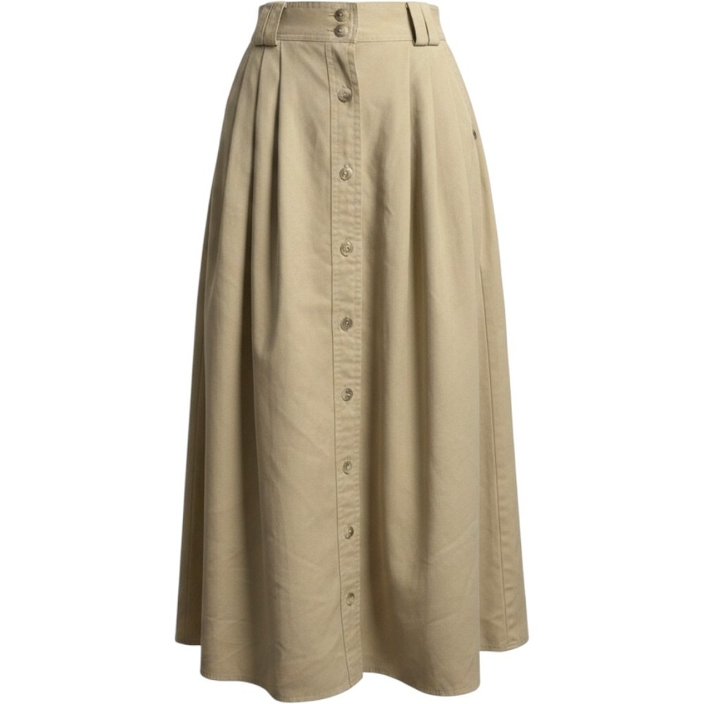 Cabin Creek Khaki Button Front Pleated Midi Skirt Tan Cotton Blend Size 10